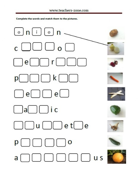 complete the names of the vegetables and match them to the pictures