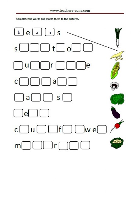 complete the name of the vegetables and match them to the pictures