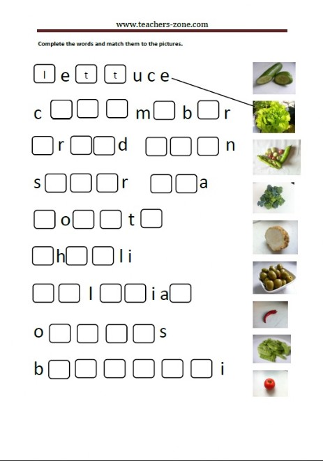 complete the missing letters in the names of the vegetables